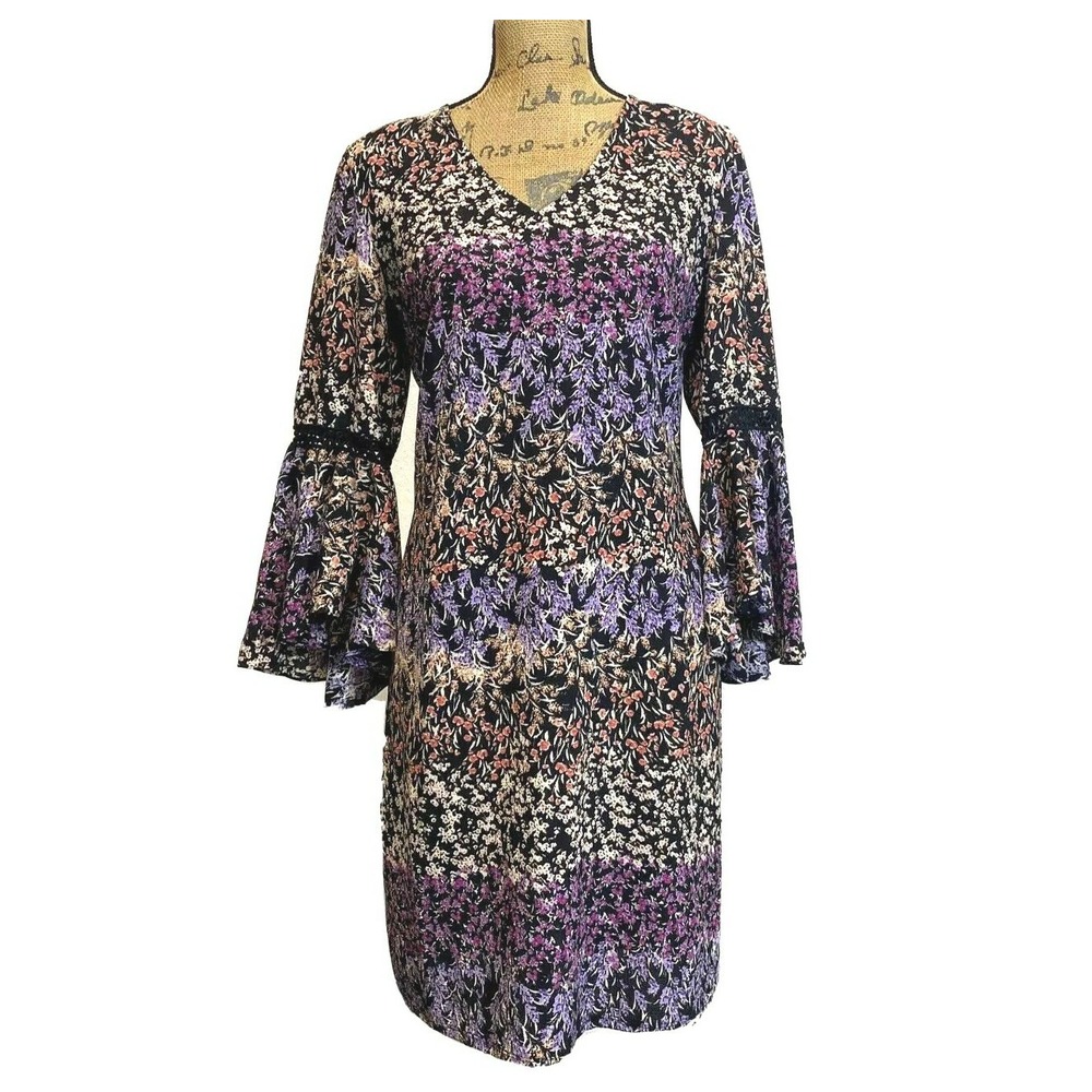 Kate Mallory Dress MED Black Multi Color Floral Crochet Boho Bell Sl Shift CUTE
